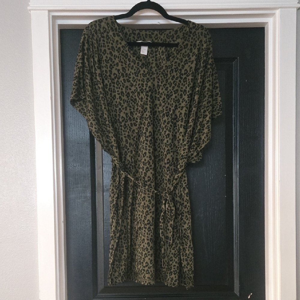 H&M Olive and Black Leopard Print Mini Dress Kaftan Swimsuit Cover-Up Size Large